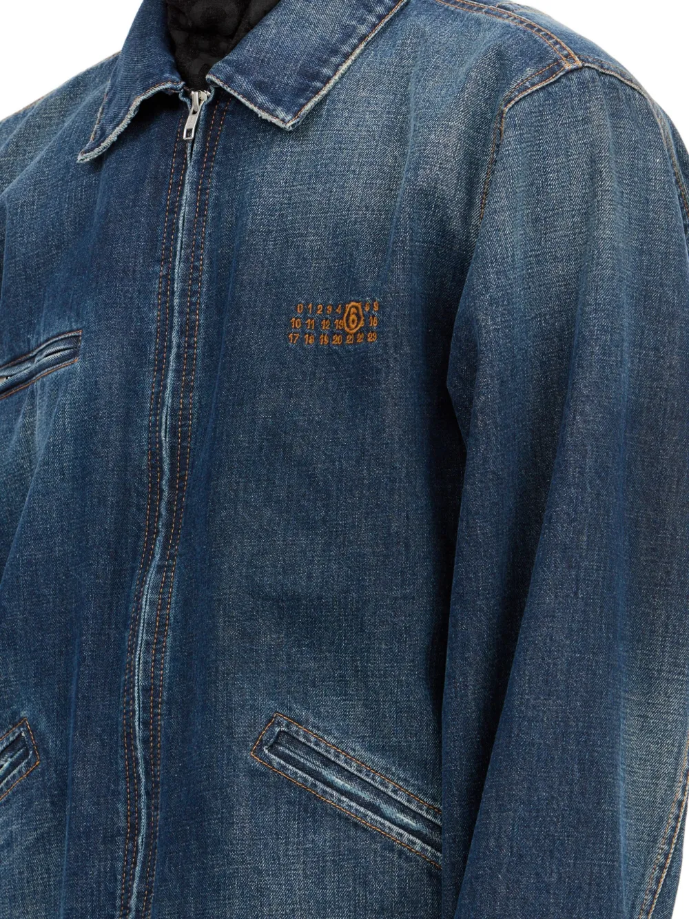 Close up of the blue jacket, showing texture of the cotton fabric