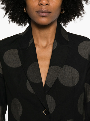 Close up of black polka dot jacket , showing texture of the virgin wool fabric