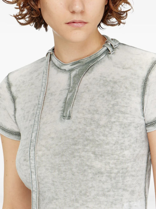 Cloes-up of grey top, showing texture of the cotton fabric