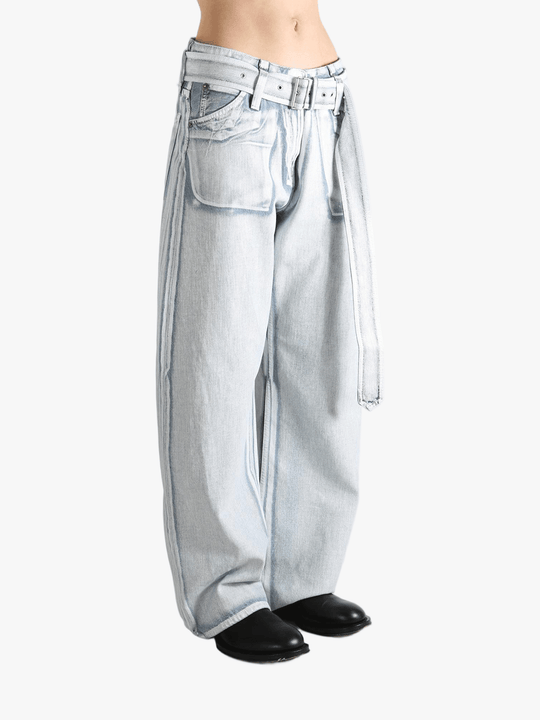 Blue jeans worn by a person, showing the jeans's fit