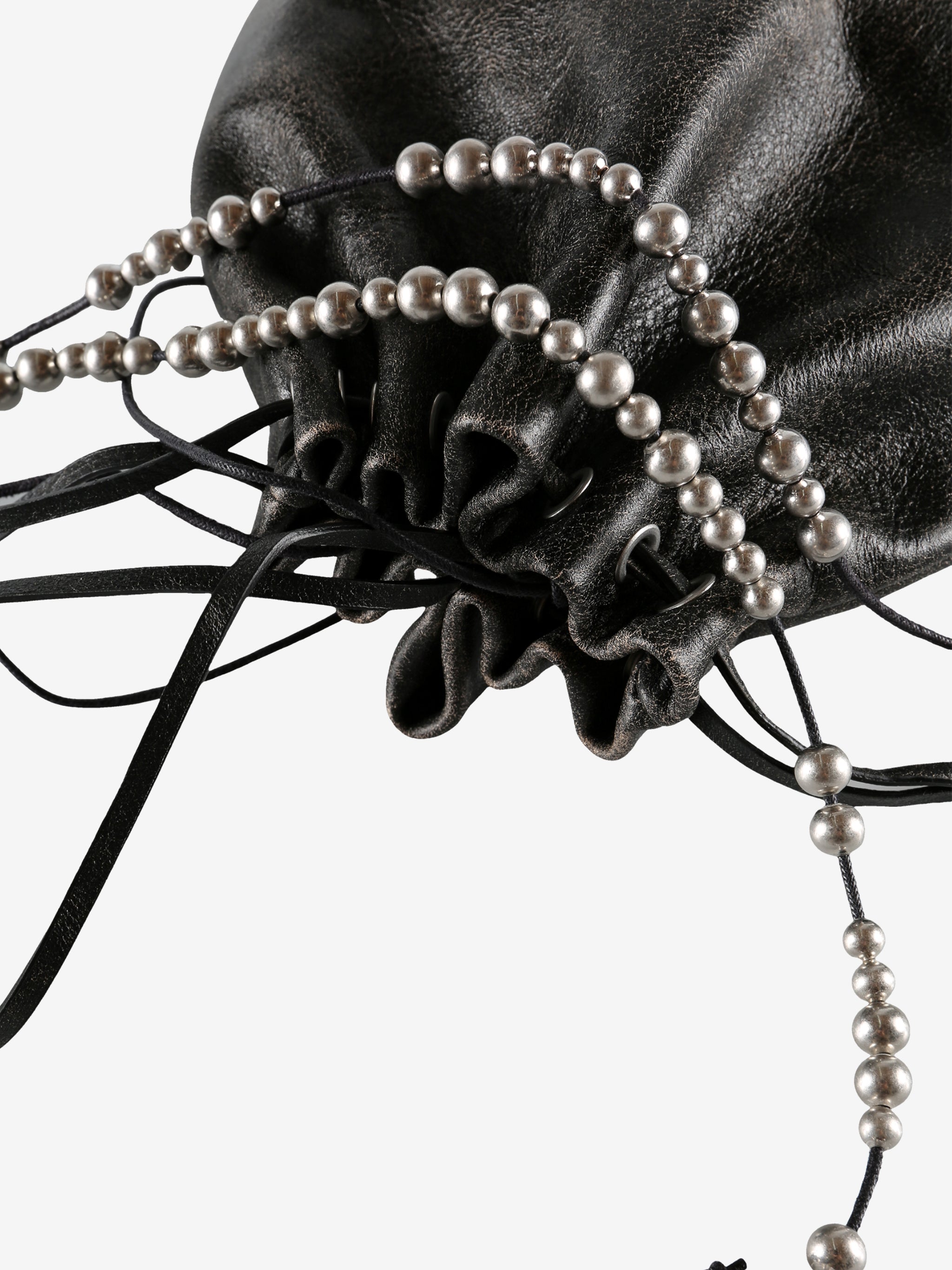 Close up of black bag, showing texture of the calf leather fabric