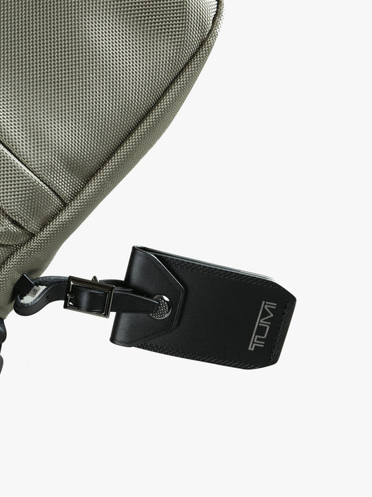 Close up of grey bag, showing texture of the nylon fabric