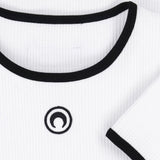 Close up of White t-shirt, showing texture of the 95% certified cotton/ 5% elastane made in fabric