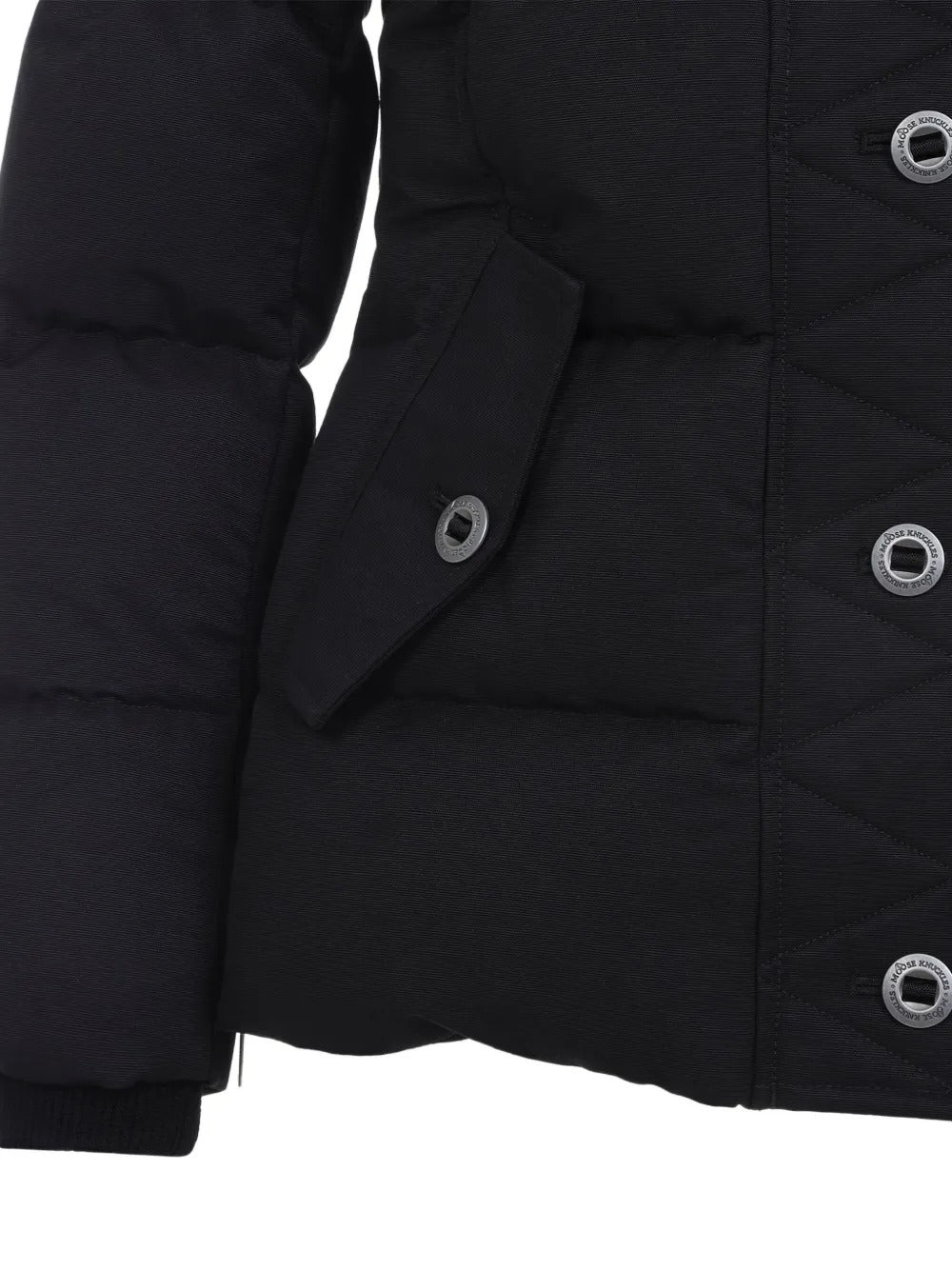 Close up of the black jacket, showing texture of the cotton and nylon fabric