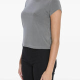 Grey t-shirt worn by a person, showing the shirt's fit