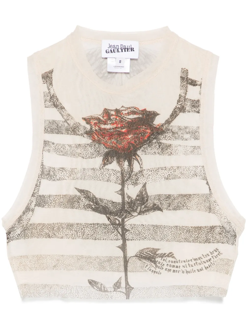 JEAN PAUL GAULTIER - Women Printed "Tattoo Marinière" Mesh Crop Top