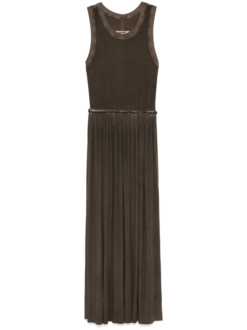 Brown sleeveless dress, front view