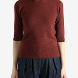 Red sweater worn by a person,showing the red sweater‘s fit