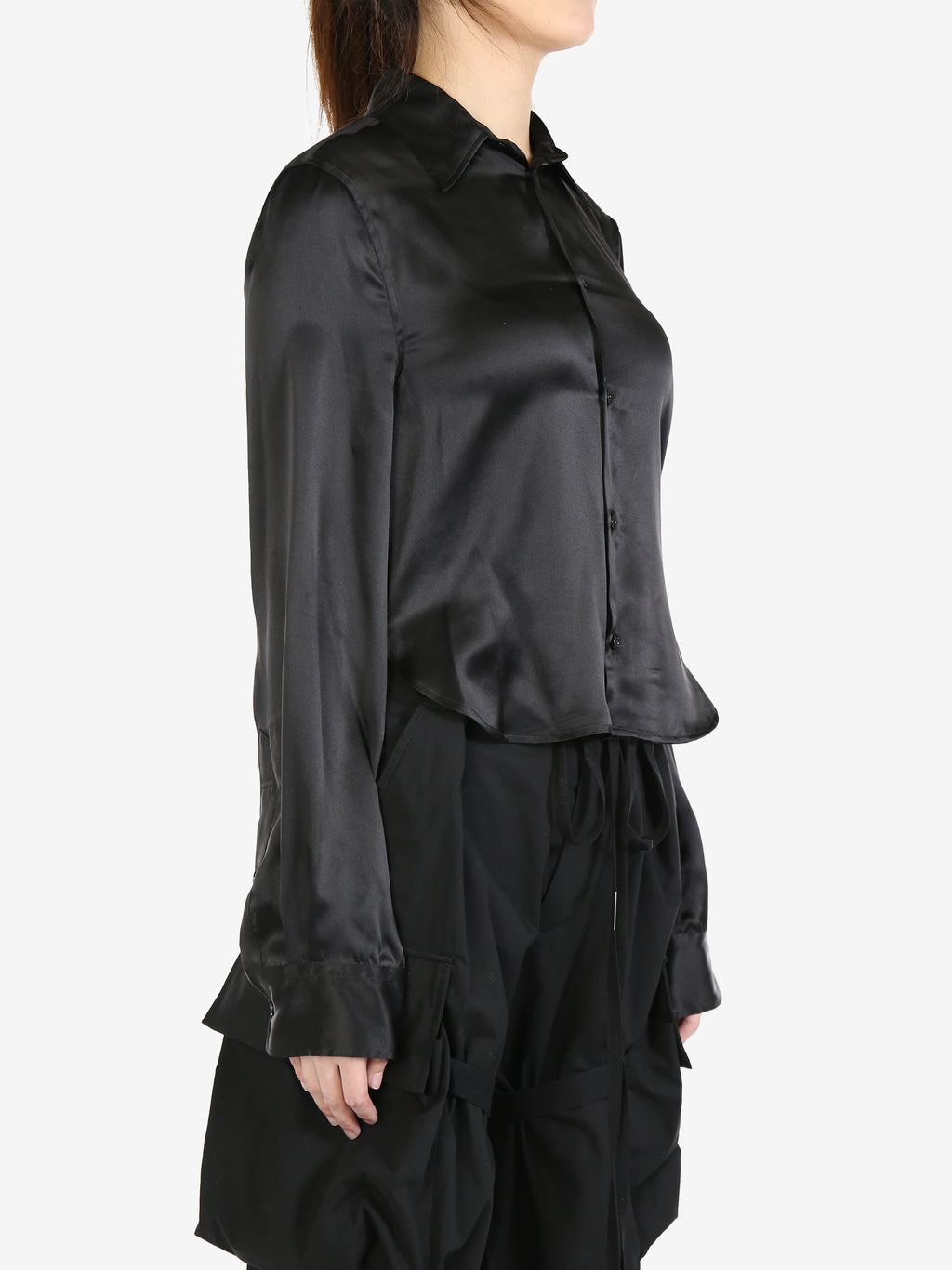ANN DEMEULEMEESTER Women Satin Washed Silk Black Fira Rounded Cropped Slim Shirt