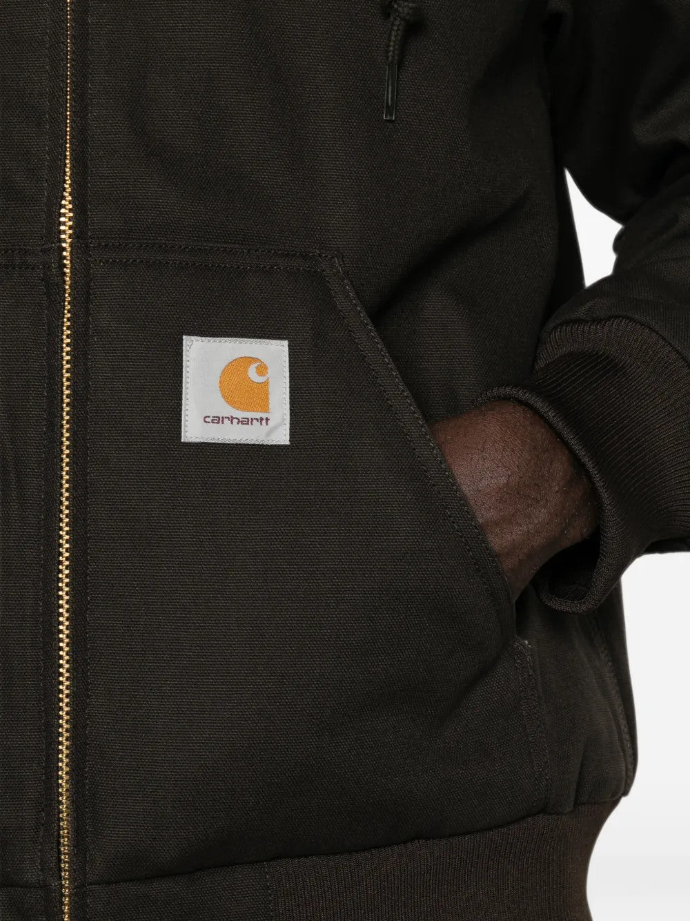 Close up of Black jacket, showing texture of the 100% canvas fabric
