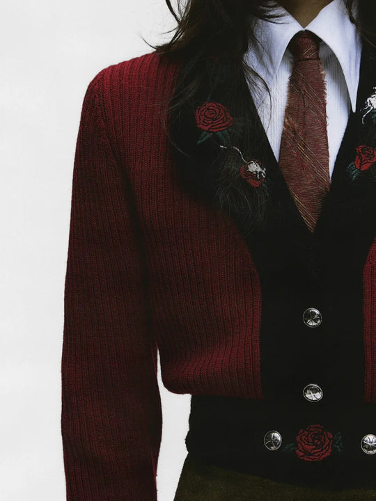 Close up of Red knitwear, showing texture of the wool fabric