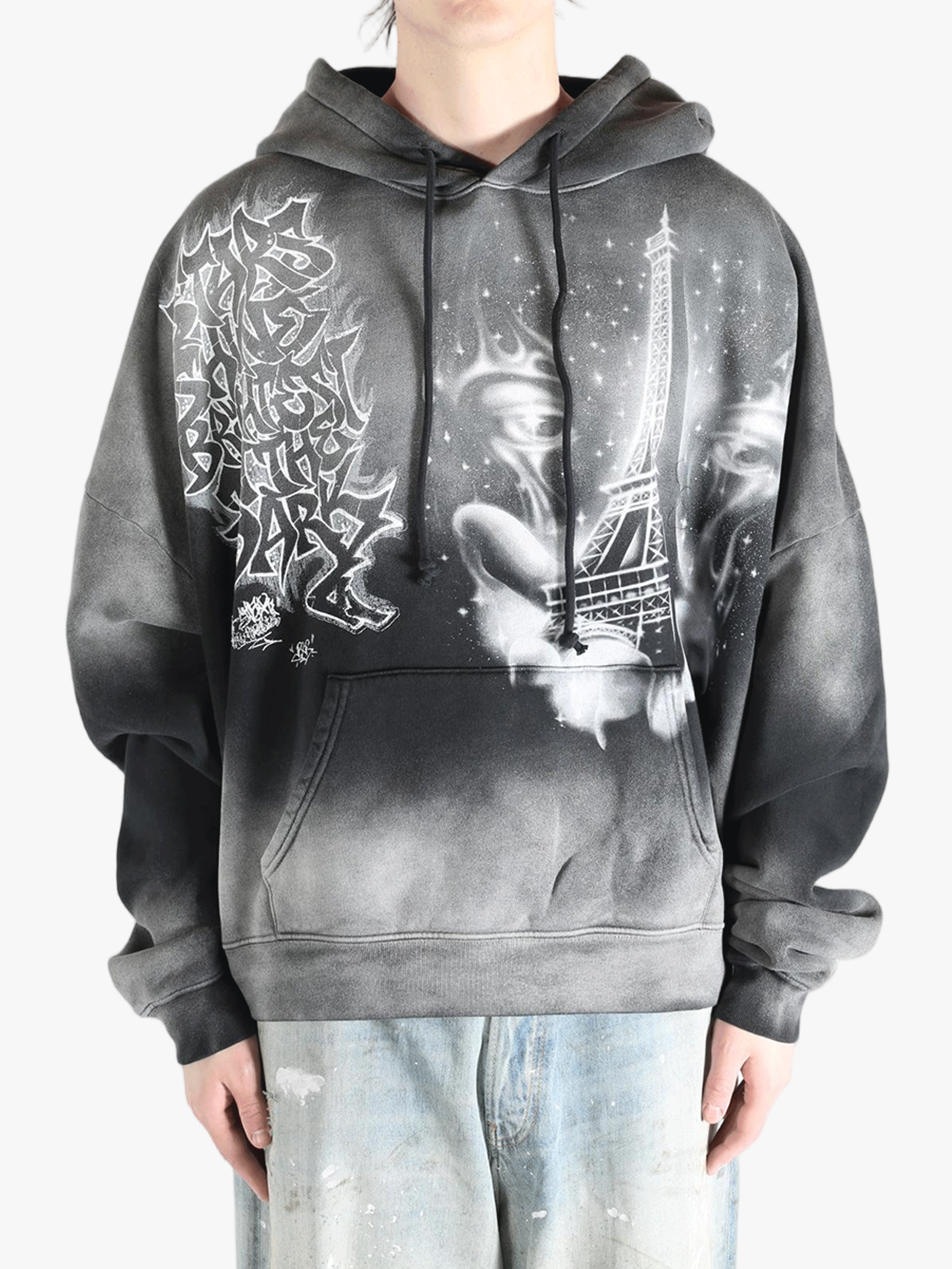 Black hoodies worn by a person, showing the hoodies fit