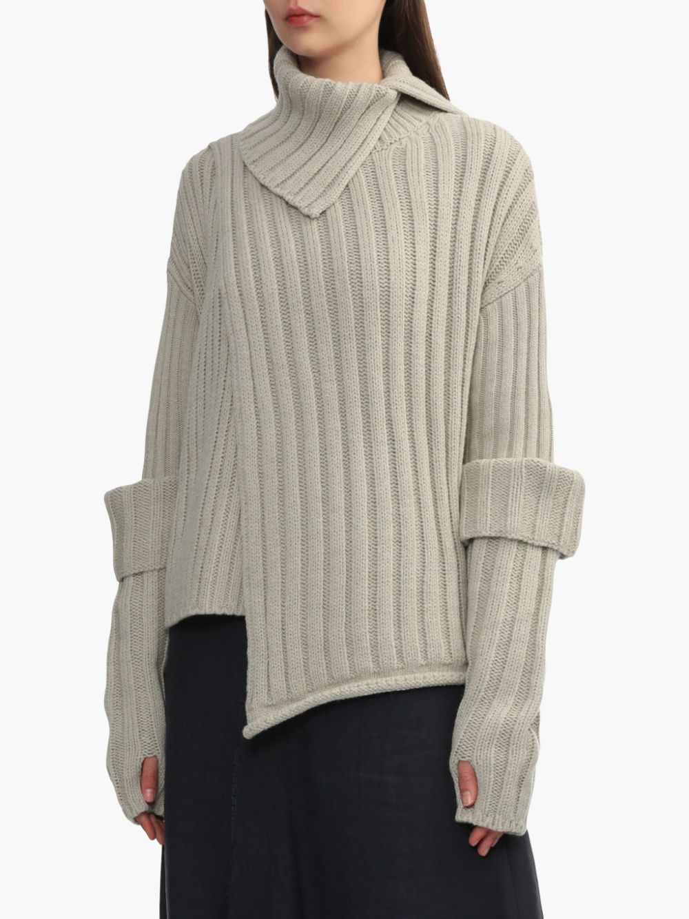 Y'S - Women Wide Rib Layered Turtleneck Wool Sweater