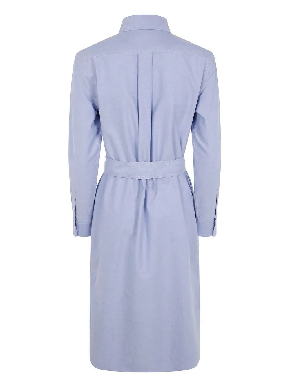 Blue shirtdress, back view showing belted waist