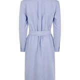 Blue shirtdress, back view showing belted waist
