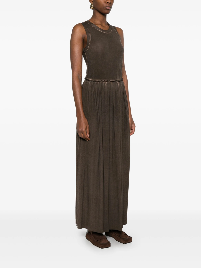 Brown sleeveless dress, full body view