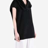 Black t-shirt worn by a person, showing the t-shirt fit