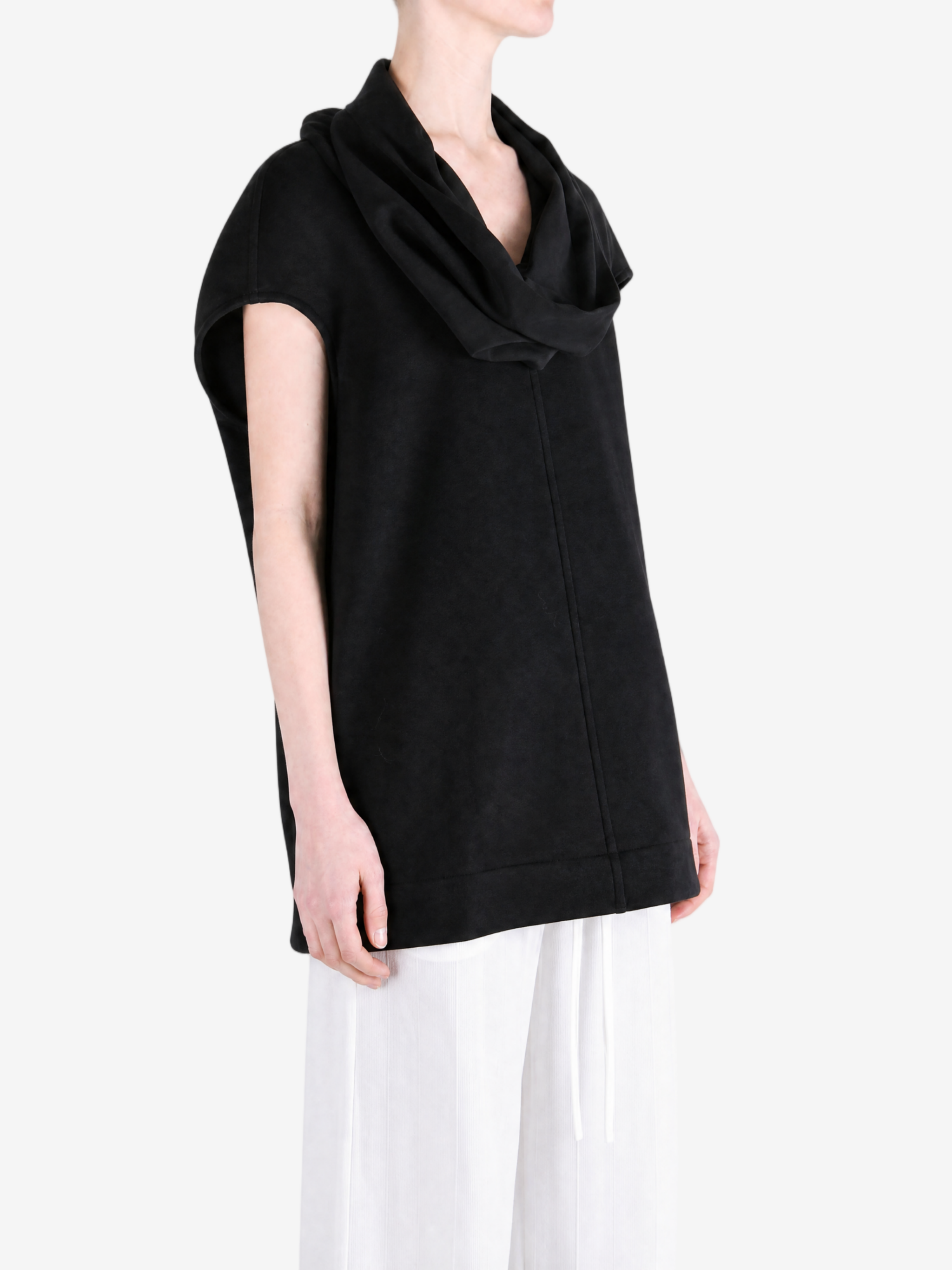 Black t-shirt worn by a person, showing the t-shirt fit