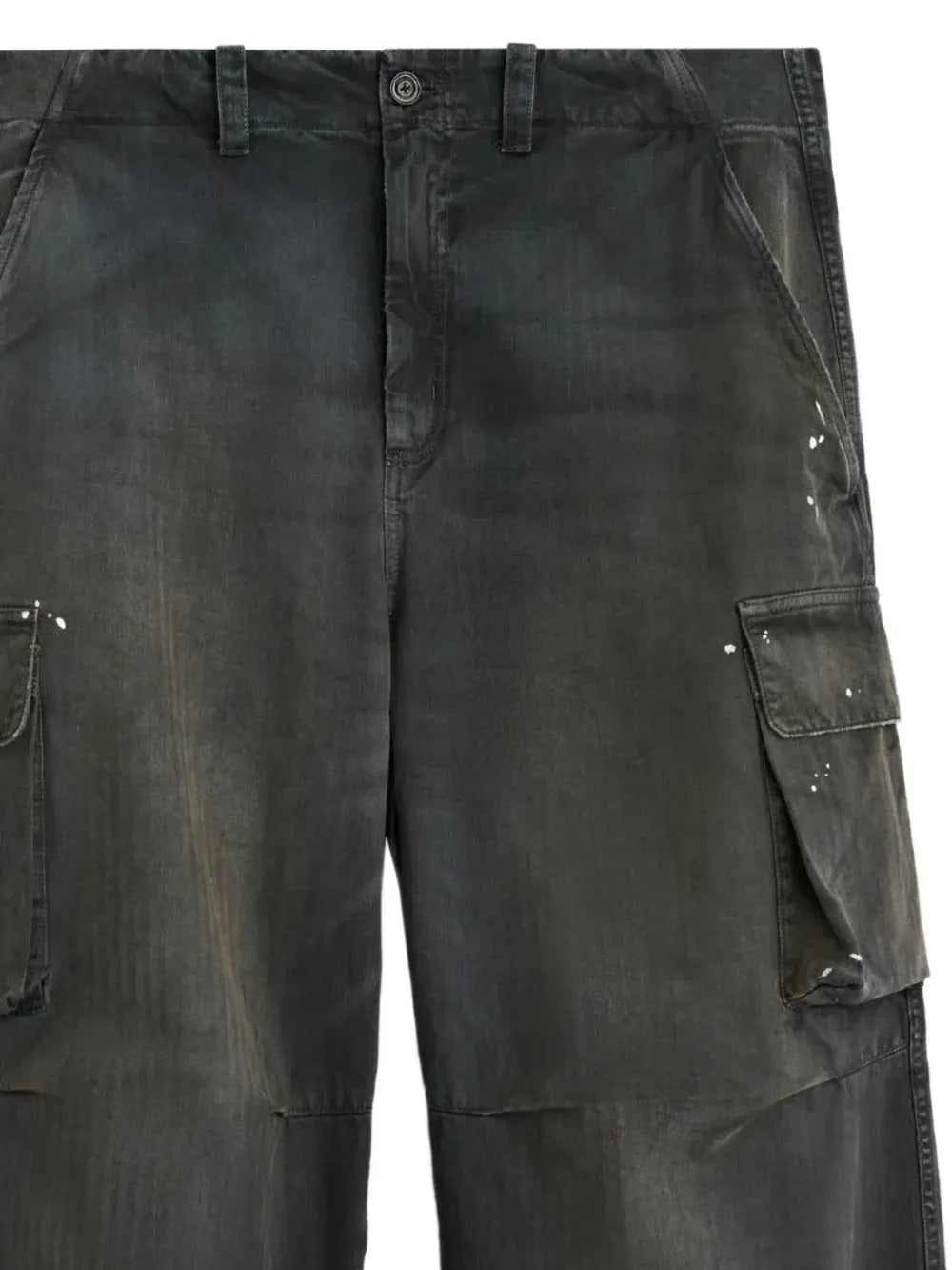 Close up of grey pants, showing texture of the cotton fabric