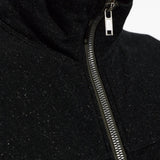 Close up of Black hoodie, showing texture of the 65% wool/ 35% cotton fabric