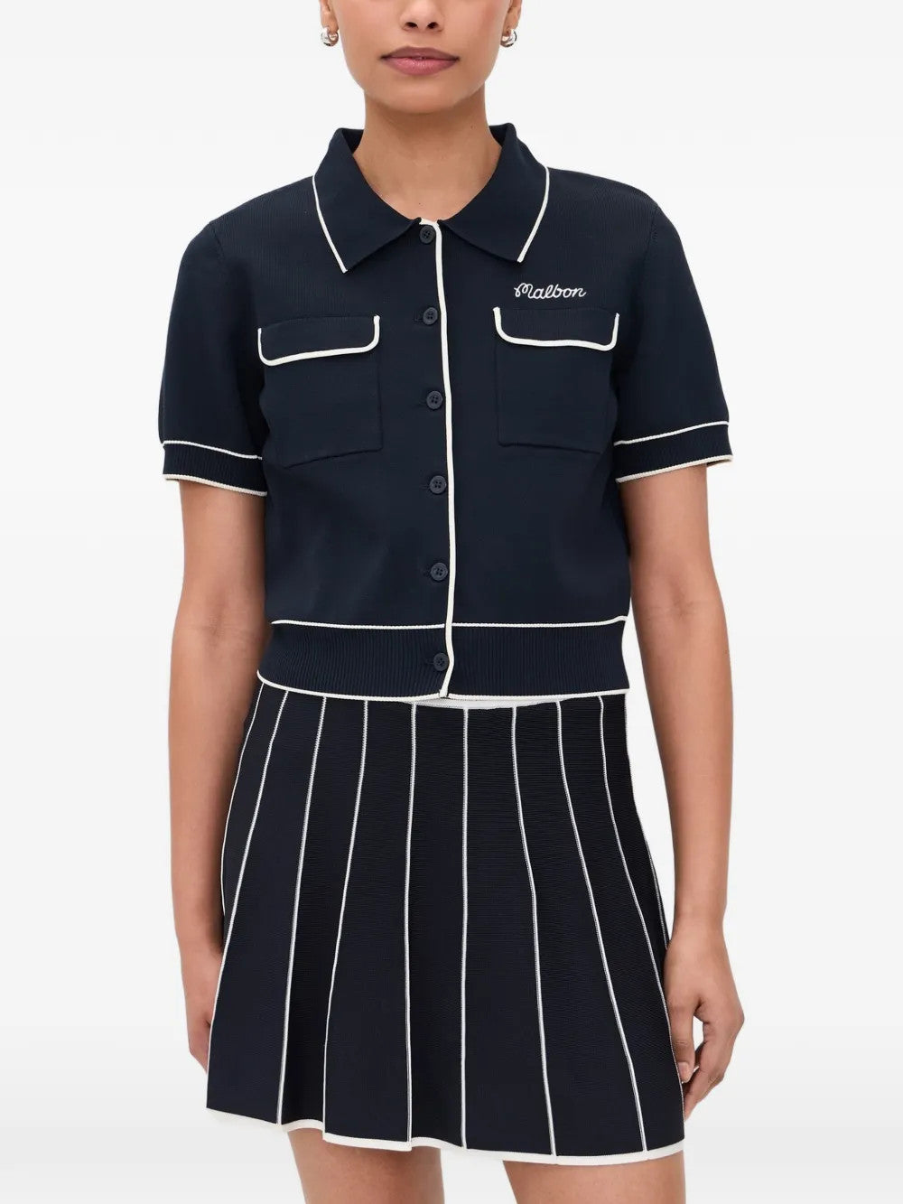 Navy shirt, full body view