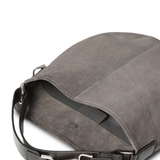 Close up of grey bag, showing texture of the calf suede fabric