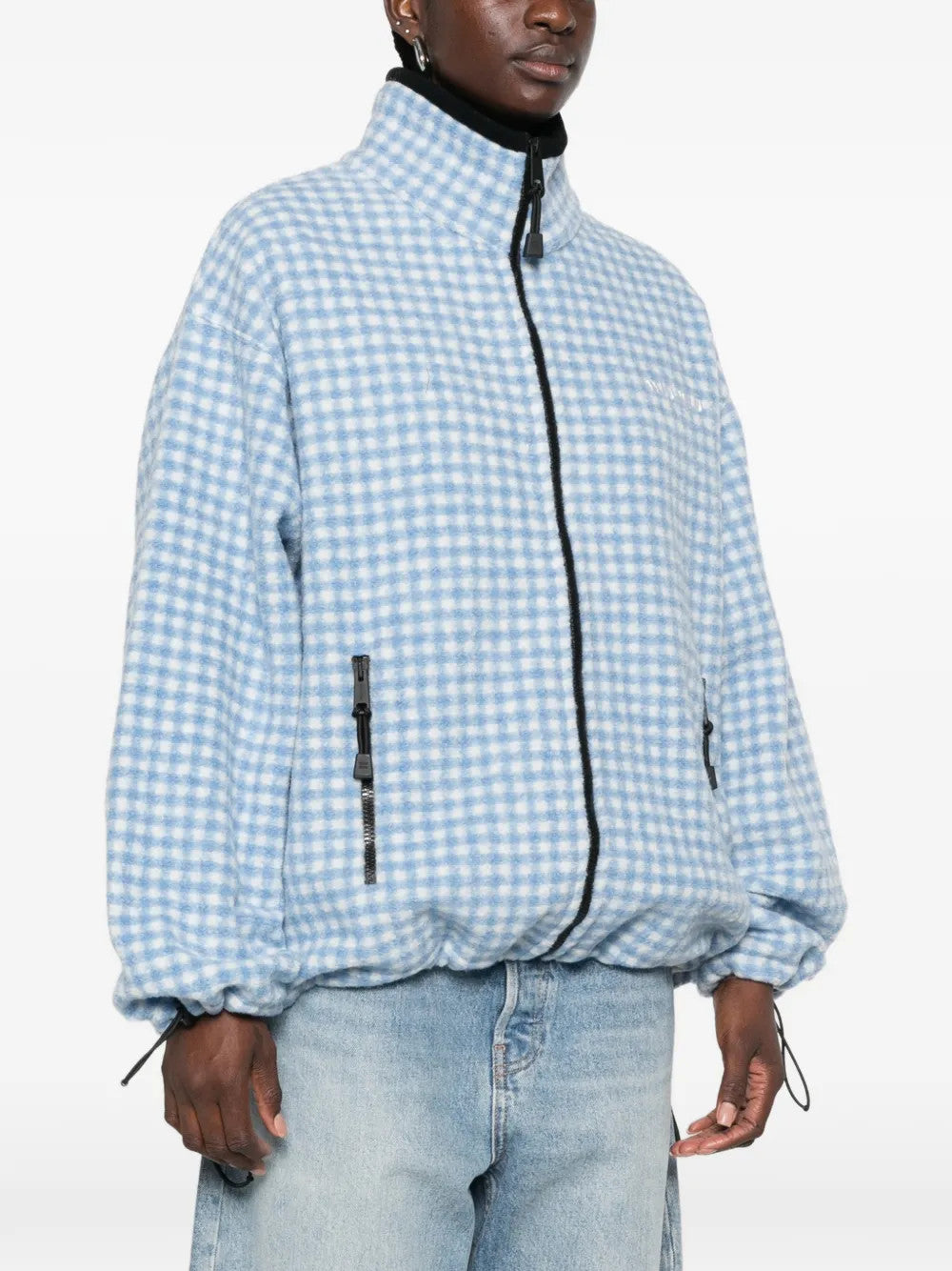 Blue jacket, full body view