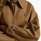 Close up of Brown jacket, showing texture of the cotton fabric