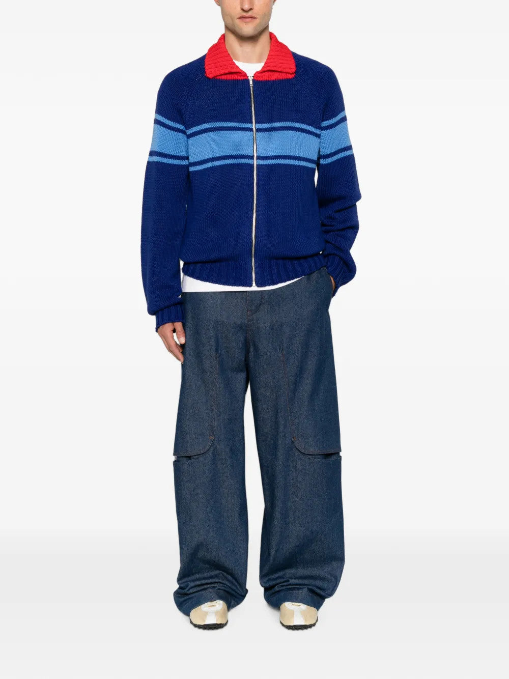 Blue knitwear, full body view