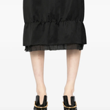 Close up of black skirt,showing texture of the  fabric.