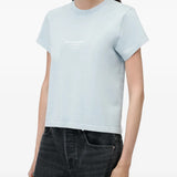 Blue t-shirt worn by a person, showing the t-shirt fit