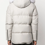 Gray coat worn by a person, showing the coat's fit