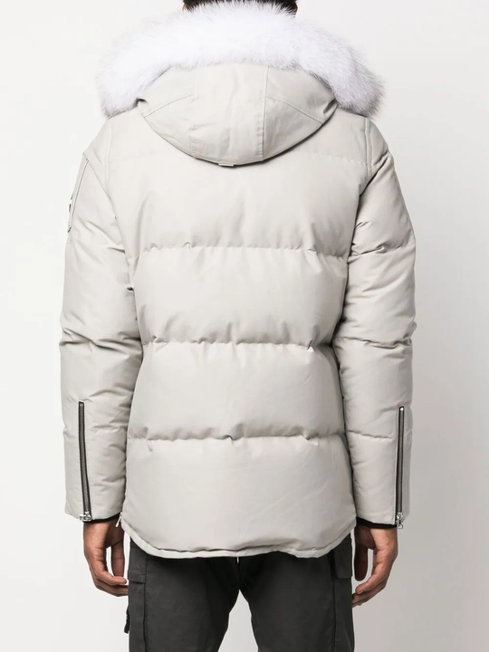 Gray coat worn by a person, showing the coat's fit