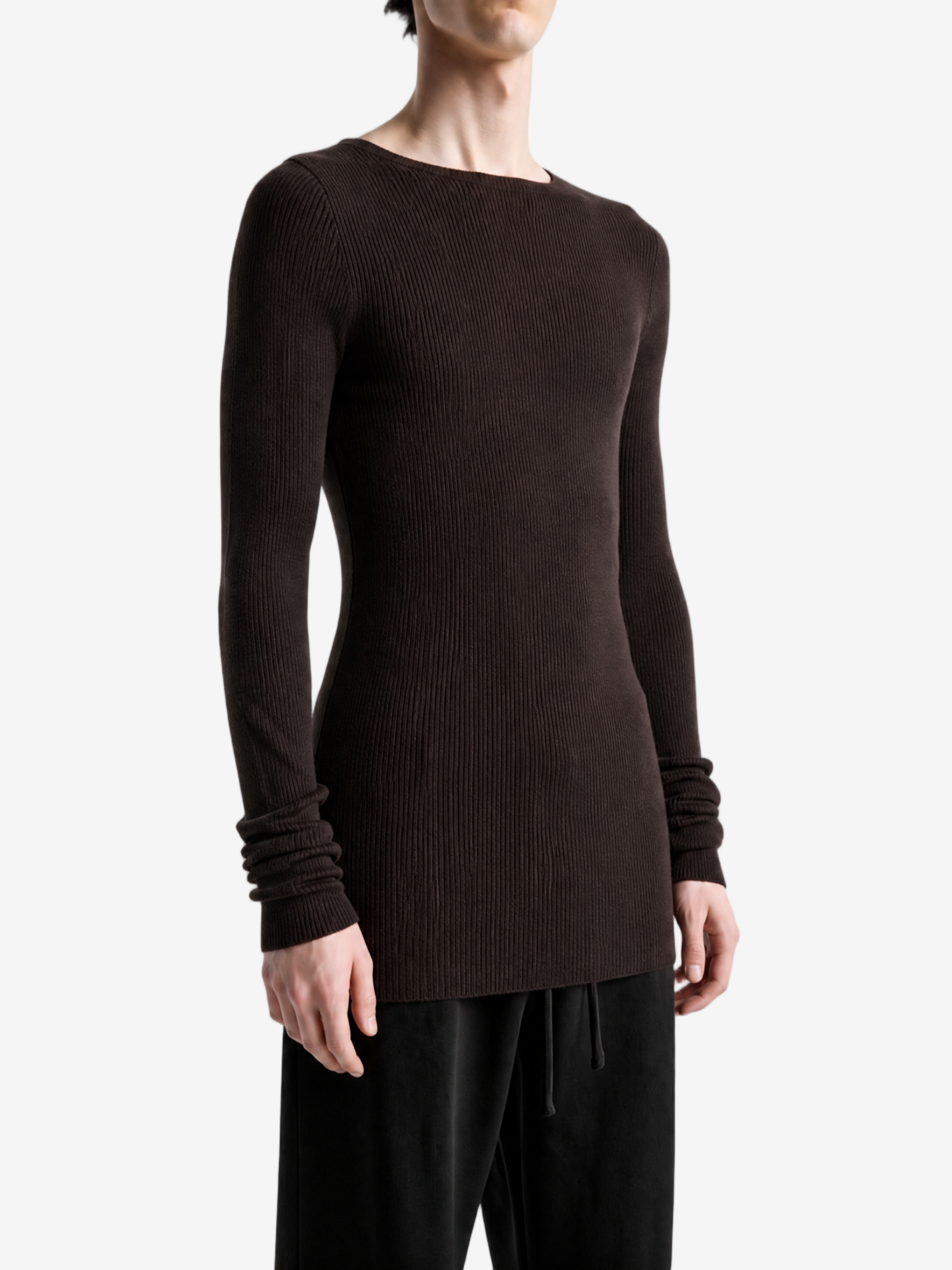 Brown knitwear, full body view