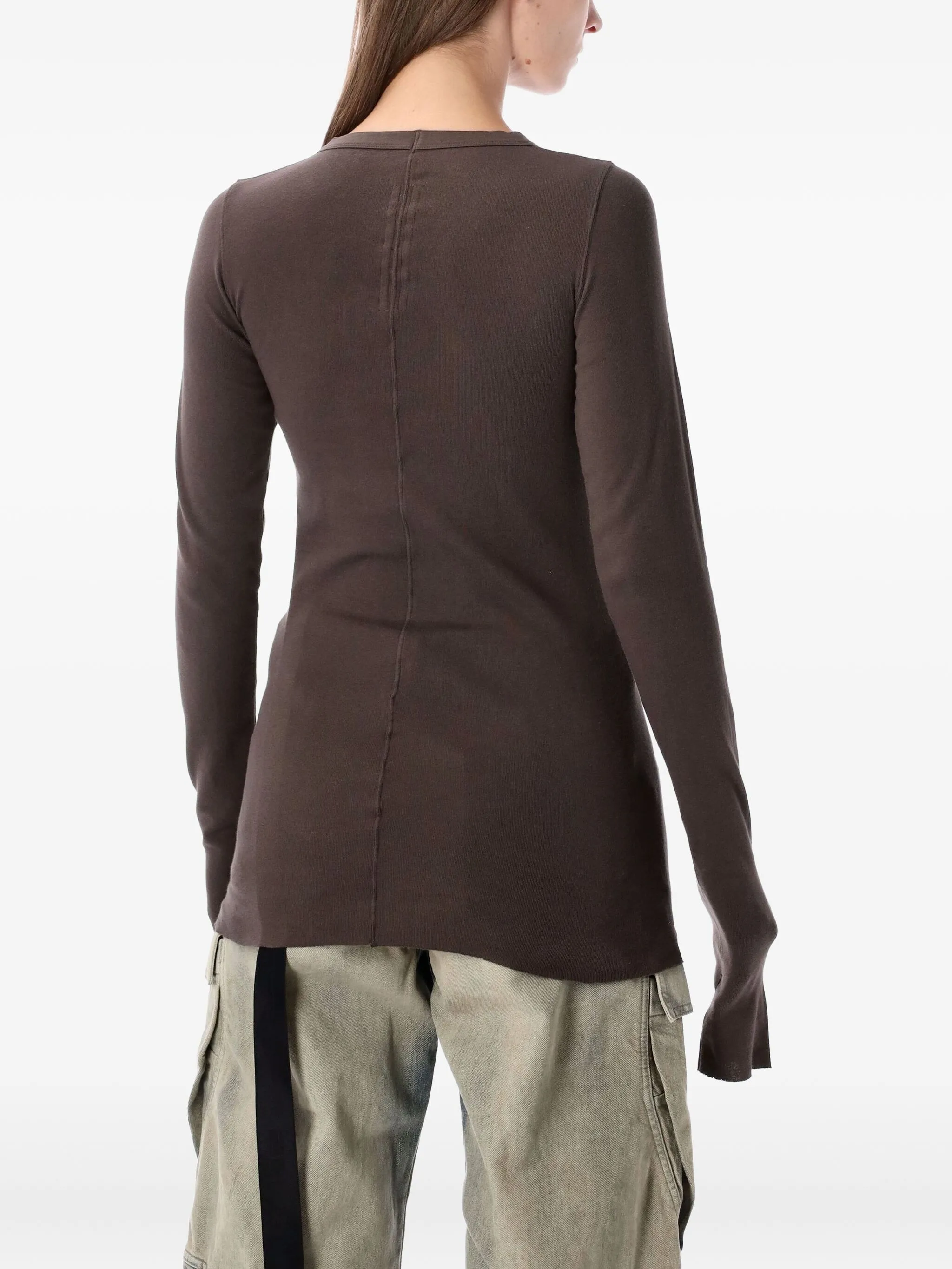 Brown long sleeves worn by a person, showing the T-shirt fit