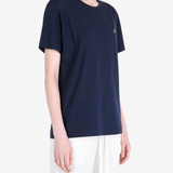 Navy shirt worn by a person, showing the shirt fit