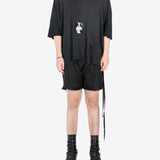 Black t-shirt, worn by a person, showing the t-shirt's fit