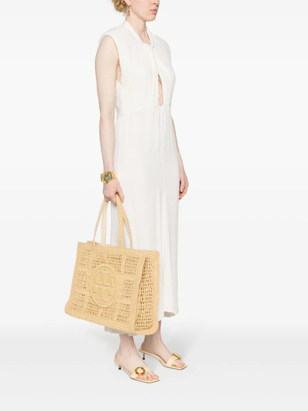 Tan bags, full body view
