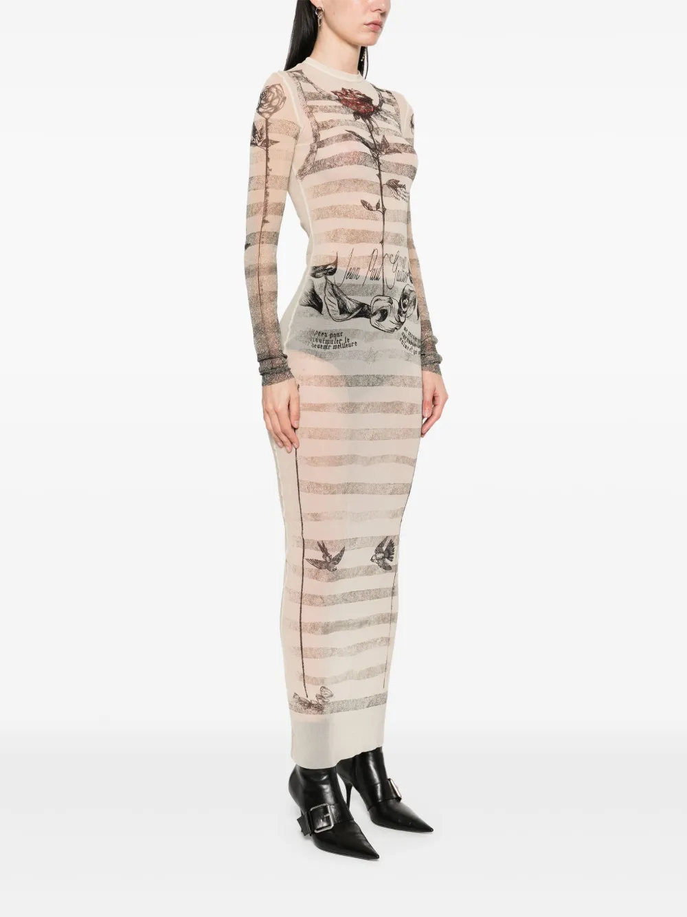 JEAN PAUL GAULTIER - Women Printed "Tattoo Marinière" Mesh Long Dress