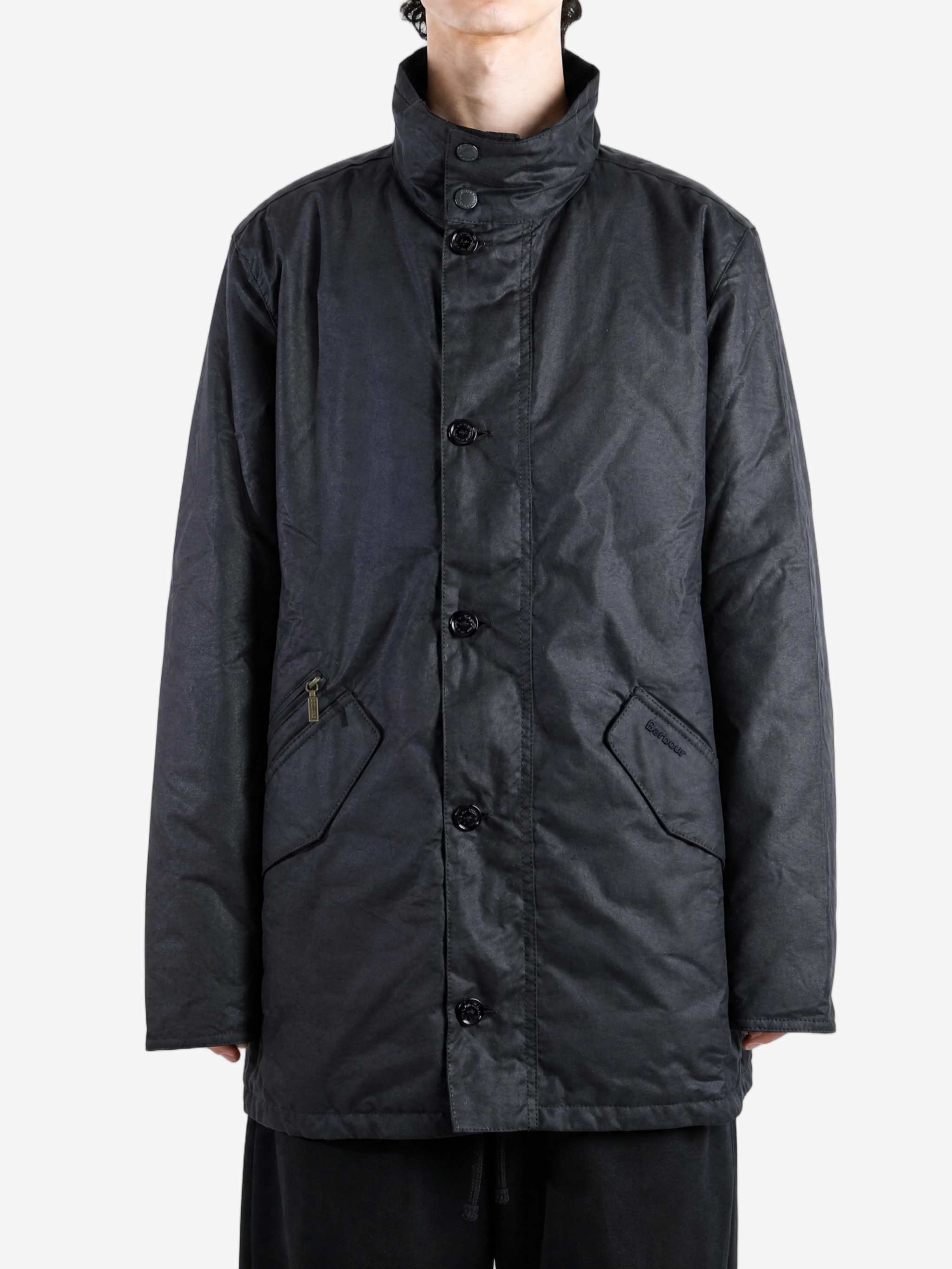 Navy jacket, full body view