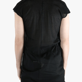 Black T-shirt worn by a person, showing the T-shirt's fit