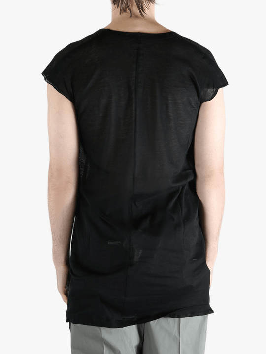Black T-shirt worn by a person, showing the T-shirt's fit