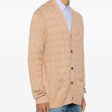 Tan cardigan worn by a person, showing the cardigan fit