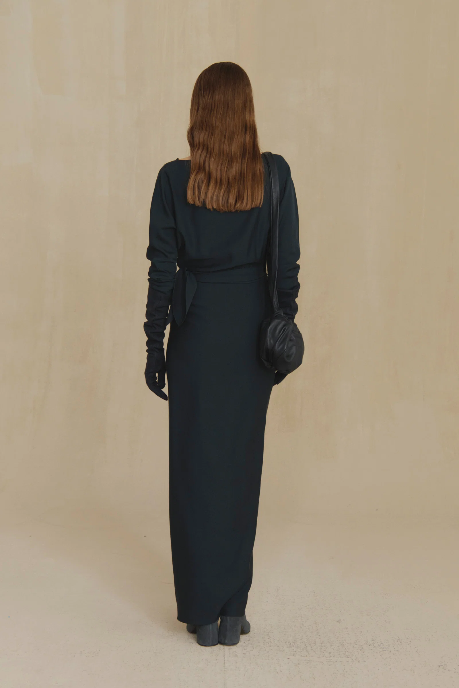 Navy dress, full body view