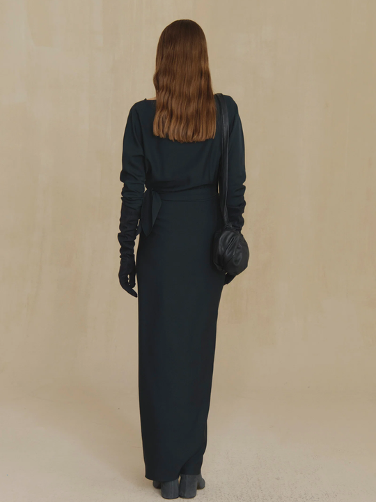 Navy dress, full body view