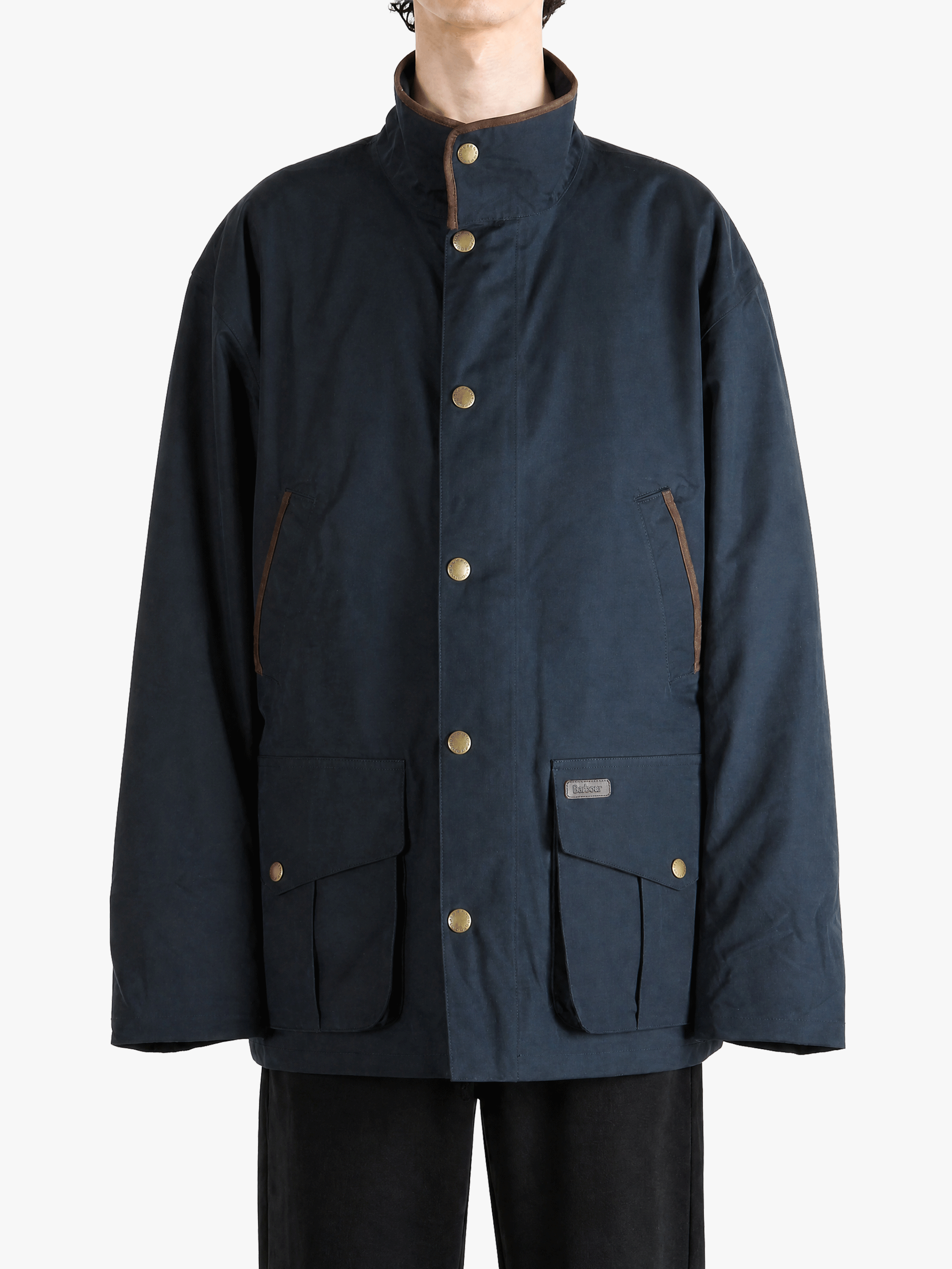 Navy jacket, full body view