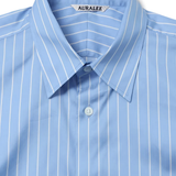 Close up of Blue and white striped T-shirt, showing texture of the wool fabric