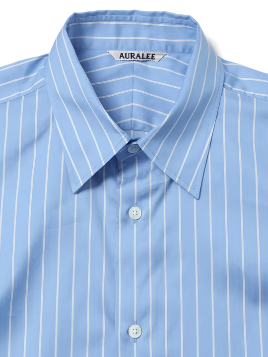 Close up of Blue and white striped T-shirt, showing texture of the wool fabric