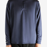 Navy pullover worn by a person, showing the pullover's fit