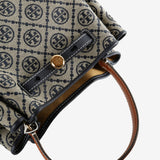 Close up of blue bag, showing texture of the cotton fabric